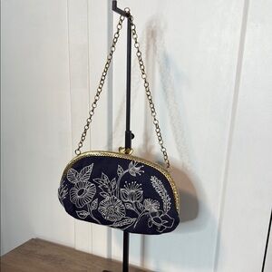 Unique Floral Embroidered Navy Clutch with chain shoulder strap